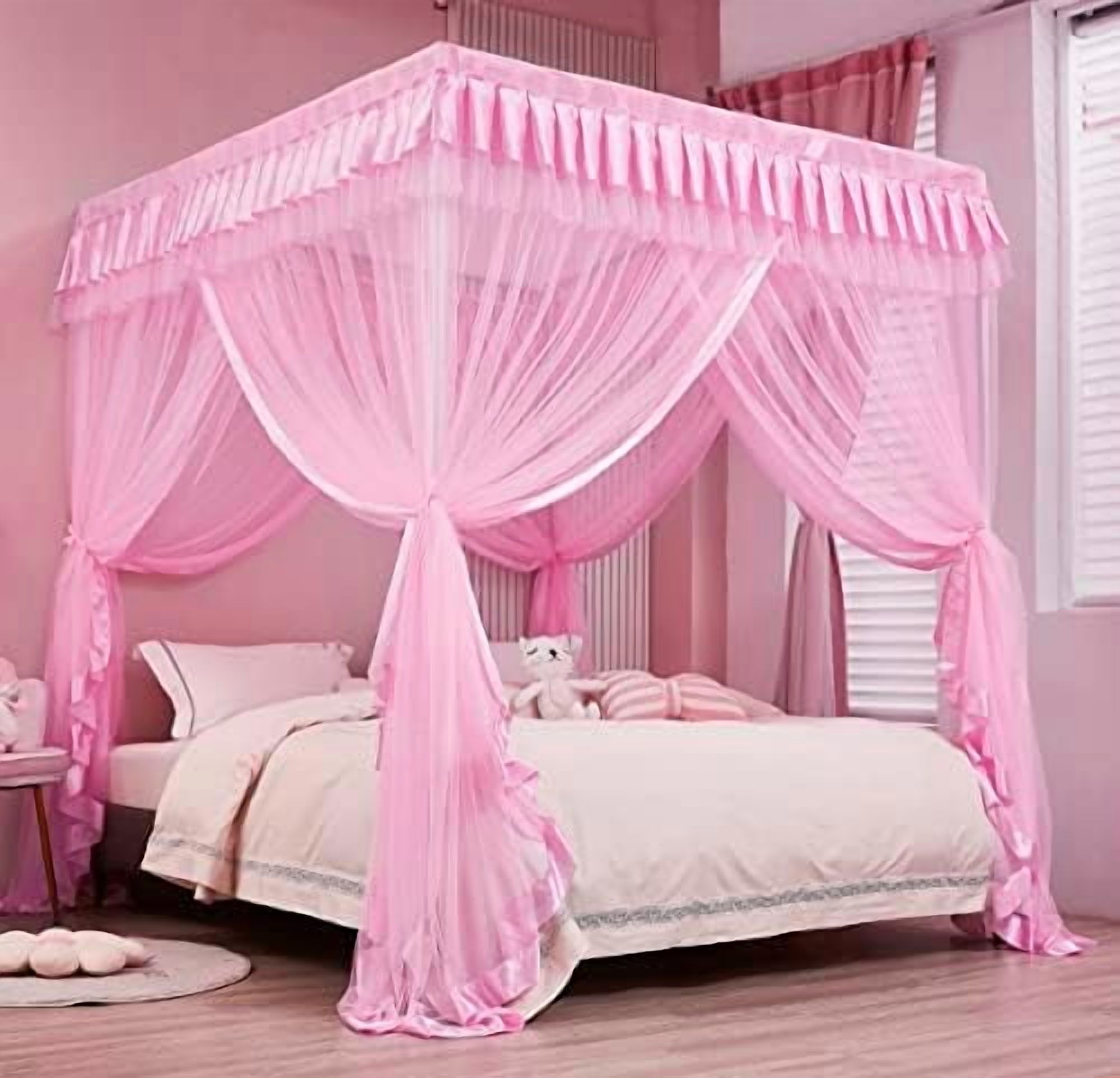 4 Corners Post Canopy Bed Curtains for Girls Full Size - Royal Luxurious Cozy Drape Canopy Bed Frames Netting for Kids Adults- Cute Princess Bedroom Decoration (Pink)