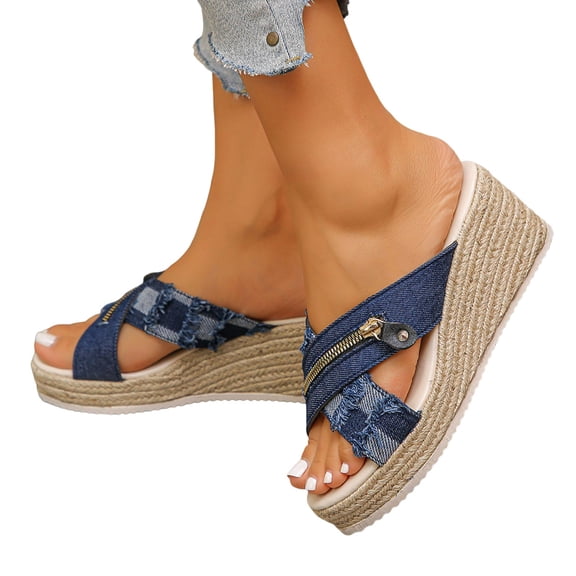 Wedge Slip on Sandals for Women Open Toe Resort Platform Comfortable Beach Slides Espadrilles Dressy Summer Mules Blue Size 9