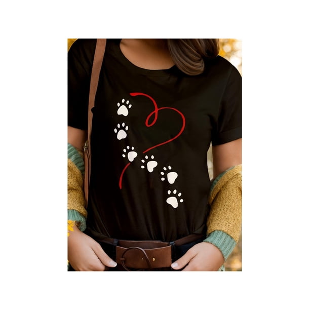 Women's 100% Heart & Dog Paw Print T-Shirt – Cute Crew Neck Short Sleeve Top for Spring, Summer & Fall, Black Casual Fashion Tee with Red Heart & White Paw Design, Spring Summer Top