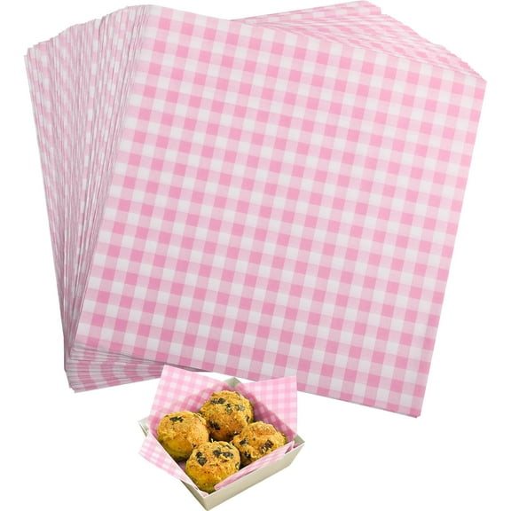 Waxed Deli Paper Sheets 7 * 7 Inch, 300 Pcs Food Basket Liners for Sandwiches, Burgers, Checkered Deli Wrap Wax Paper Sheets Pink