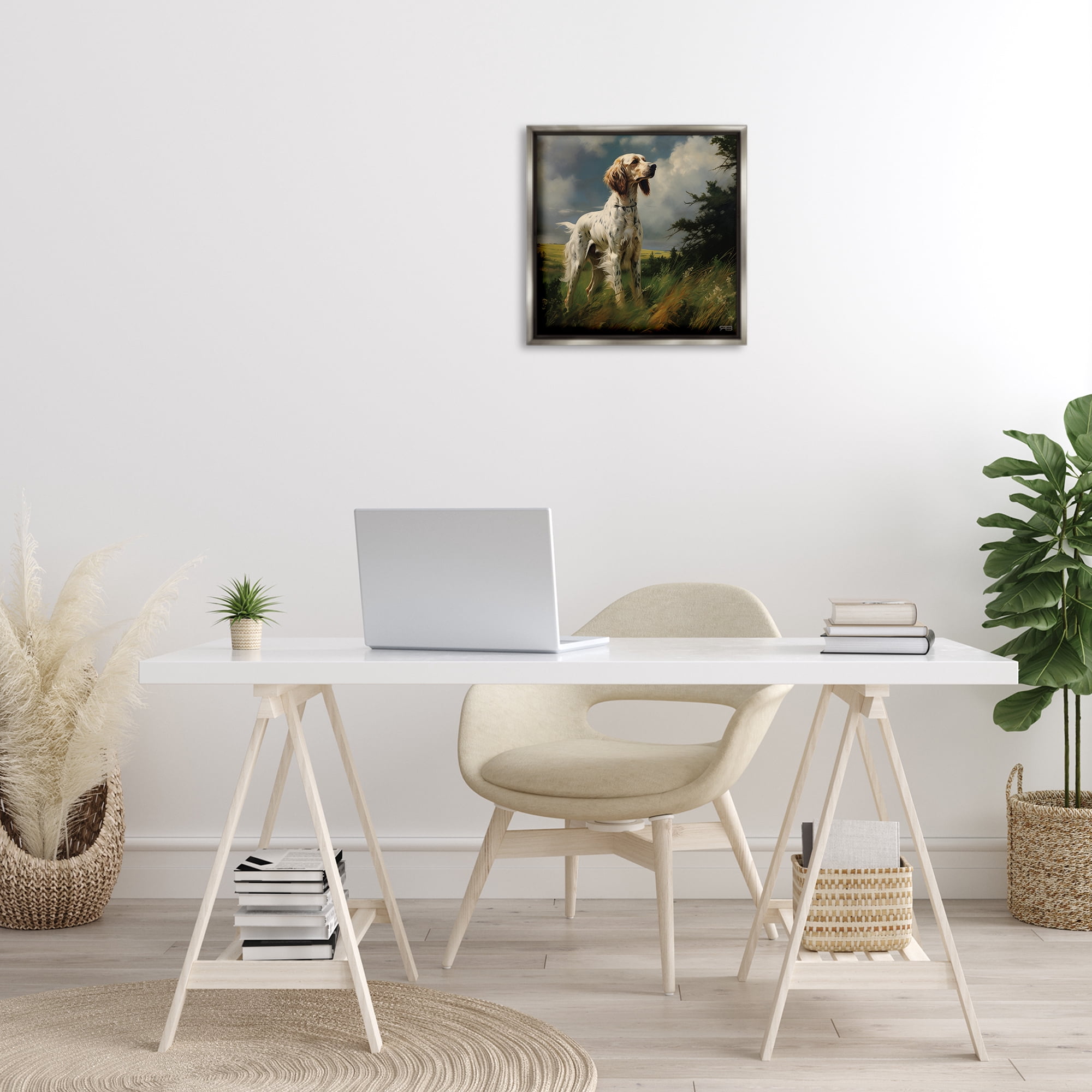 Stupell Industries Windswept Country Dog Landscape Painting Gray Floater Framed Canvas Art Print Wall Art, 18 x 18