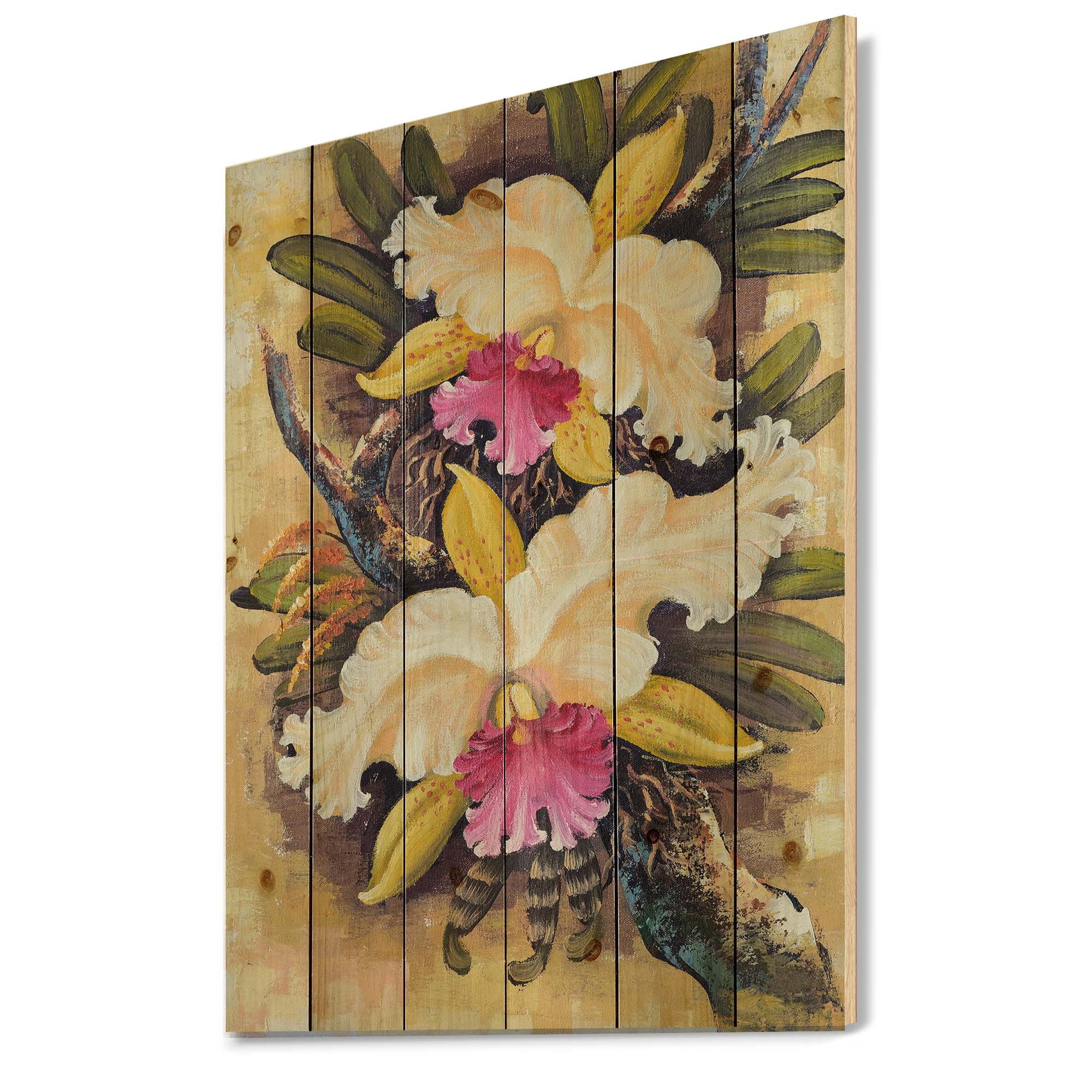 Designart 'Ancient Forest Orchids II' Traditional Print on Natural Pine Wood