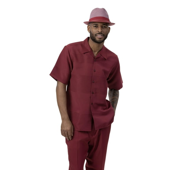 Men's 2 Piece Short Sleeve Walking Suit Tone on Tone Horizontal Stripe in Burgundy - 2022