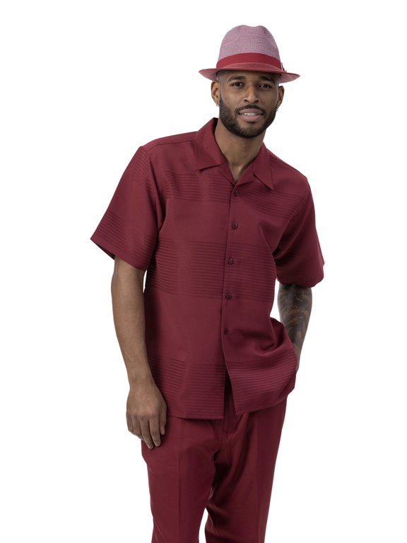 Men's 2 Piece Short Sleeve Walking Suit Tone on Tone Horizontal Stripe in Burgundy - 2022