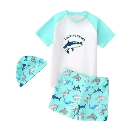 Gbsyewxs Boys Swimsuit Short Sleeve Crew Neck Dinosaur Print Swim Shorts And Top With Cap 3 Piece Set Quick Drying Beach Summer Toddler Bathing Suit Green Size 9-10 Years
