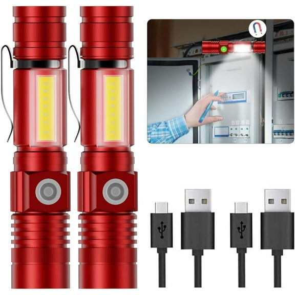 Banral Magnetic LED Flashlight,USB Rechargeable Powerful Flashlight with Cob Sidelight for Camping, Emergency -Red