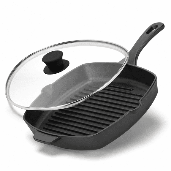 10.5 Inch Cast Iron Square Grill Pan with Tempered Glass Lid