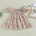 thumbnail image 2 of Robe d'Été Décontractée pour Tout-Petites Filles, Robe à Manches Courtes Bouffantes, Robe Trapèze, Robe de Fête à Carreaux, Kaki, 2-3 Ans, 2 of 8