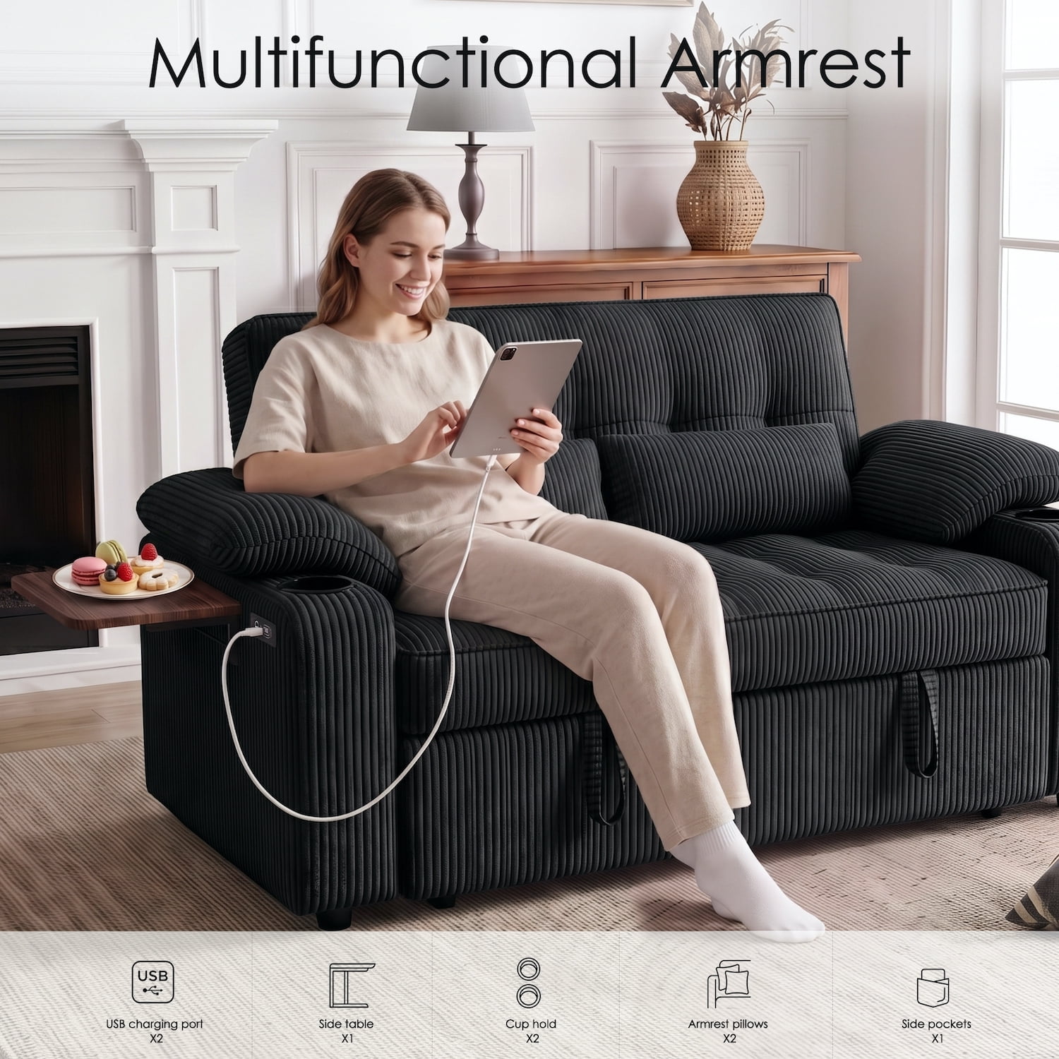 58" Convertible Sleeper Sofa Bed, Full Size Pull Out Couch with USB Charging, Cup Holders, Side Table, Adjustable Backrest, Corduroy Loveseat for Living Room, Apartment, Office (Black)