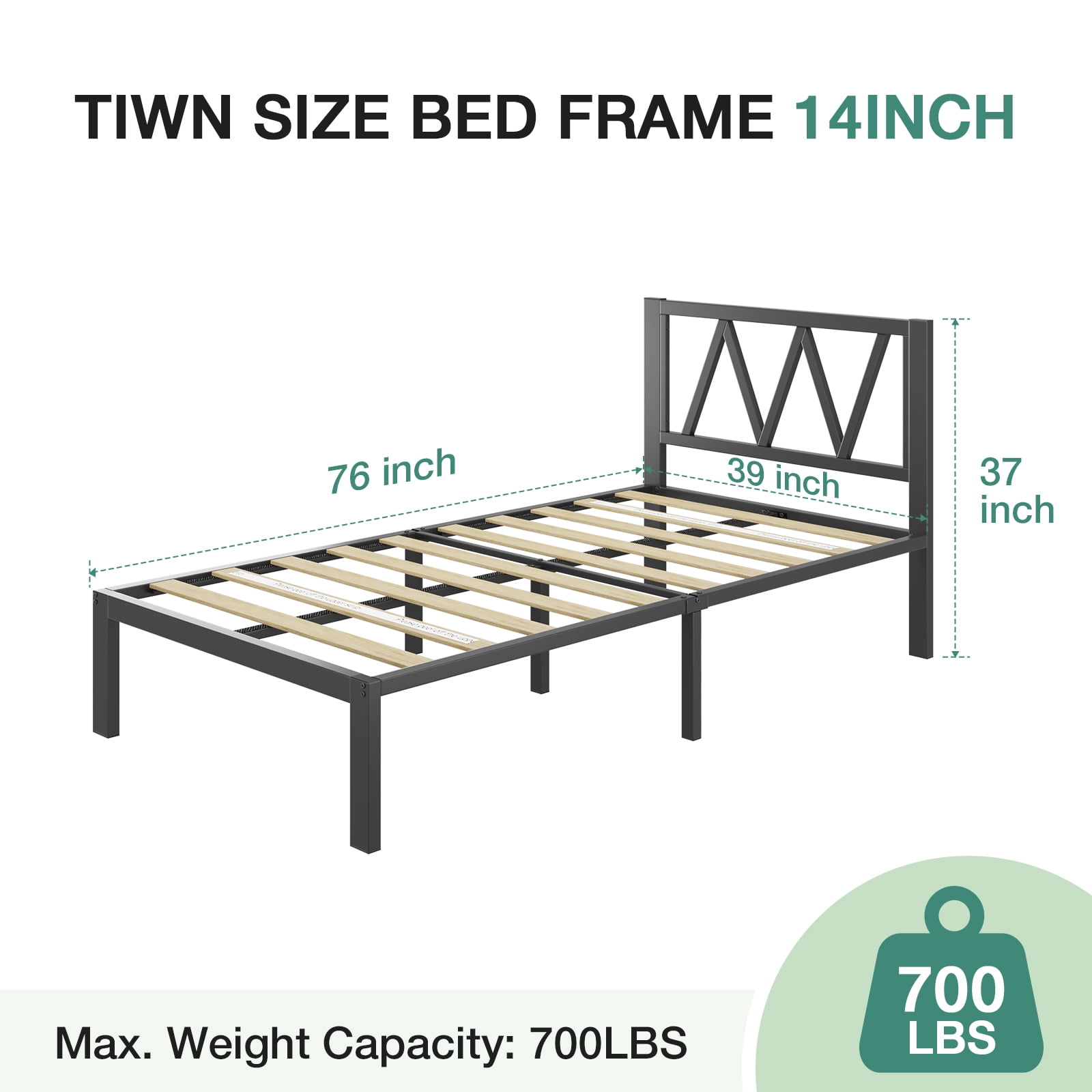 Novilla 14 Inch Twin Bed Frame With Headboard, Metal Platform Bed Frame, Twin Size Bed Frame No Box Spring Needed, Easy Assembly, Strong Wood Slats Support, Black