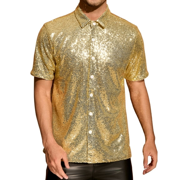 INSPIRE CHIC Sequin Shirts for Men's Glitter 70s Disco Shirt Button Down Short Sleeve Metallic Tops S Golden