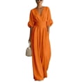thumbnail image 2 of Women's Light Blue V-Neck Wide-Leg Jumpsuit, Batwing Sleeve Ruched Waist Maxi Jumpsuit Orange M, 2 of 3