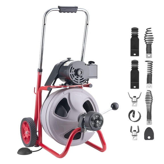 VEVOR Drain Cleaner Machine 75FT x 3/8 Inch, Auto Feed Sewer Snake Drain Auger on Wheels, Portable Drain Cleaning Machine with 8 Cutters & Air-activated Foot Switch for 2" to 4" Pipes