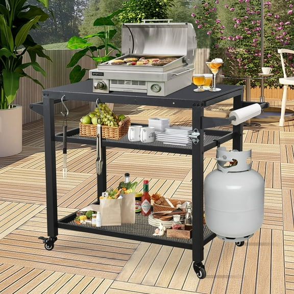 Domi 3-Tier Outdoor BBQ Grill Cart with Lockable Wheels | Portable Pizza Oven Stand & Food Prep Station | Compatible with Blackstone Griddle & Propane Tanks | All-Weather Patio Cooking Center