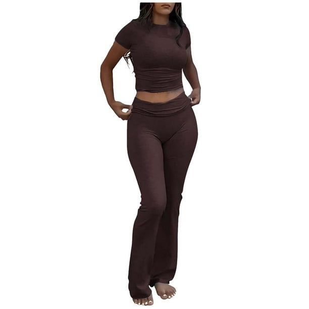Conjuntos de 2 piezas para mujer: top ajustado de manga corta y leggings acampanados de talle bajo, ropa deportiva de viscosa 92 % para el día a día y ocasiones informales