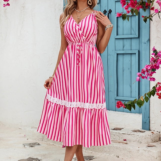 FcBaudy Robe Camis Sans Manches à Col en V, Robes d'Été pour Femmes, Robes pour Femmes Mode Féminine à Rayures à Bretelles Ajustée Robe à Col en V Robe Femme