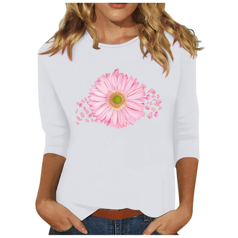 Clearance under 10 POROPL Womens Tops 3 4 Sleeve Round Neck T Shirt Loose Casual Breast Festival Printed Tops Blouses White Size S 3XL