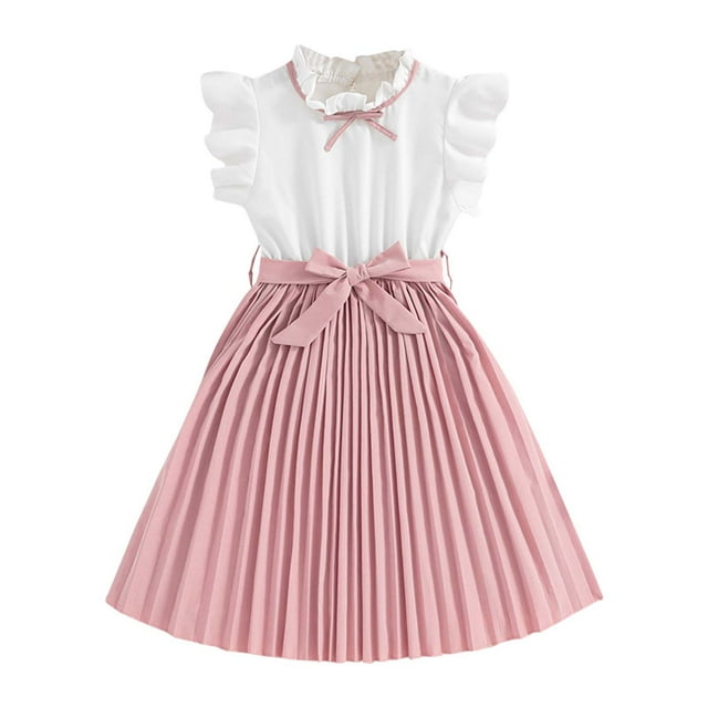 Big Girls Dresses Summer With Ruffled Sleeves Color Block Pleated Design Dress Kids Clothes Robe Fille Vêtements Size 9T