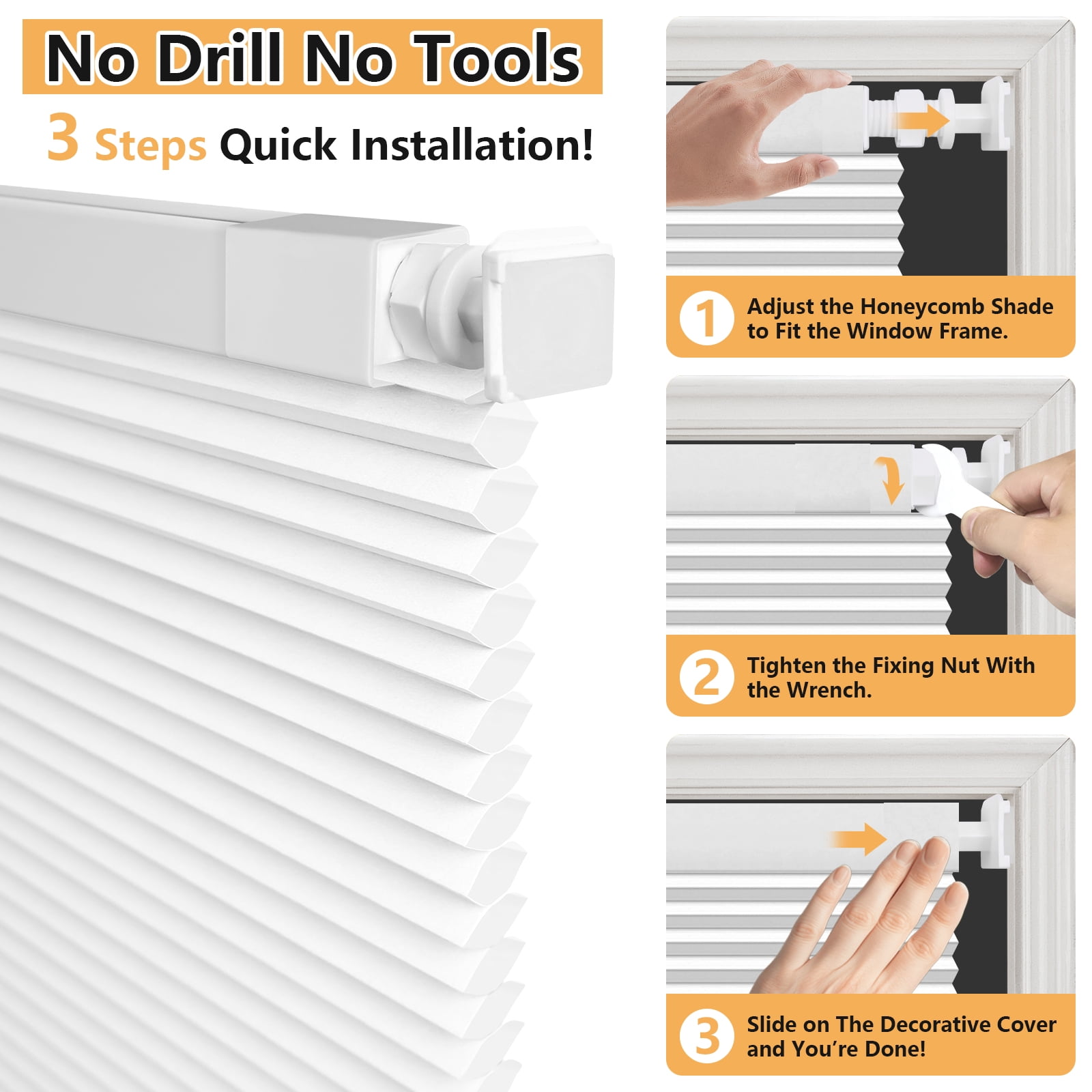 Jane Stone No Drill 24"x36" Light Filtering Cellular Shades, Cordless Free Stop Honeycomb Blinds, Thermal Insulated Noise Reducing Window Blinds, White