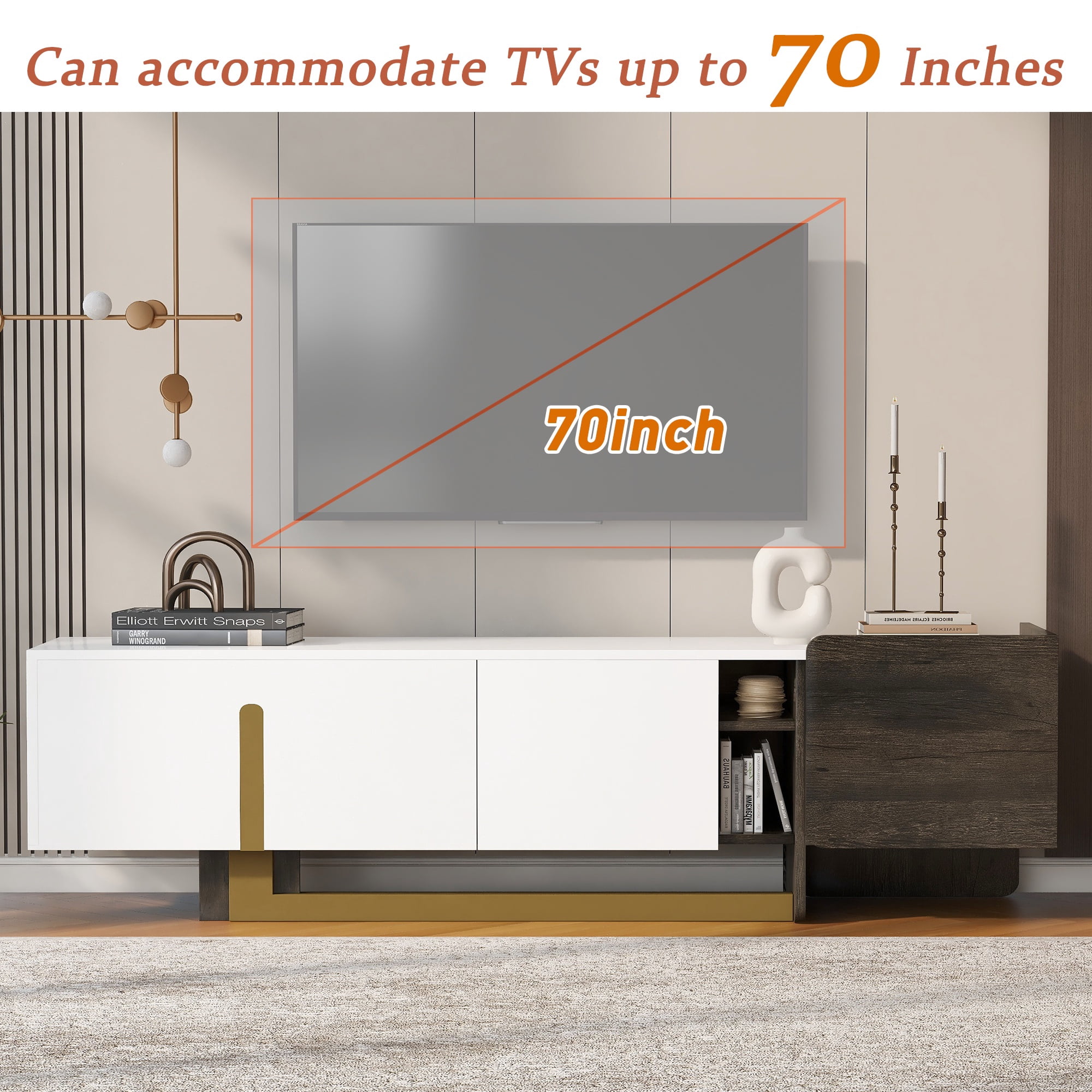 PAPROOS TV Stand for 70 inch tv, TV Cabinet with Drawer & Door, Living Room Media Console Table with Open Shelves, Entertainment Center Television Stand for Living Room, Bedroom, White & Brown