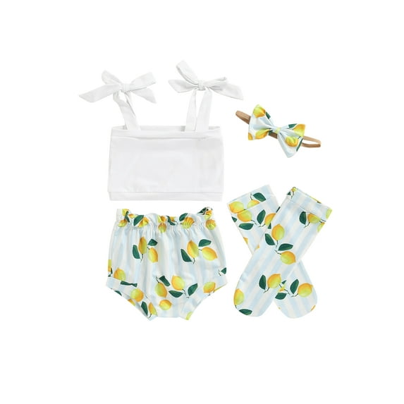 Qmyliery Baby Double Side Strap Sling Tops + High Waist Shorts + Bow Hair Band + Warm Socks