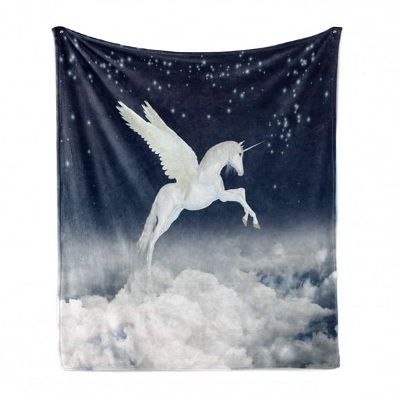 Fantasy Soft Flannel Fleece Throw Blanket, Unicorn Flying over Clouds Novelty and Purity Magic Creature Image, Cozy Plush for Indoor and Outdoor Use, 50" x 60", White Blue, by Ambesonne