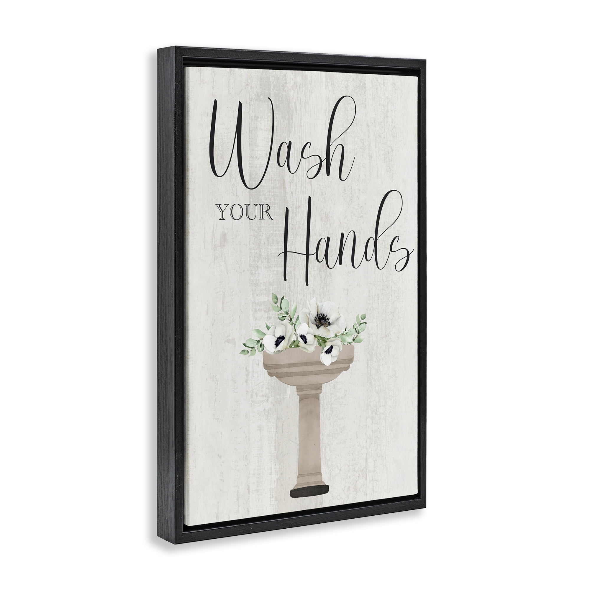 Stupell Industries Wash Your Hands Poppies Bath & Laundry Painting Black Floater Framed Canvas Art Print Wall Art, 17 x 25