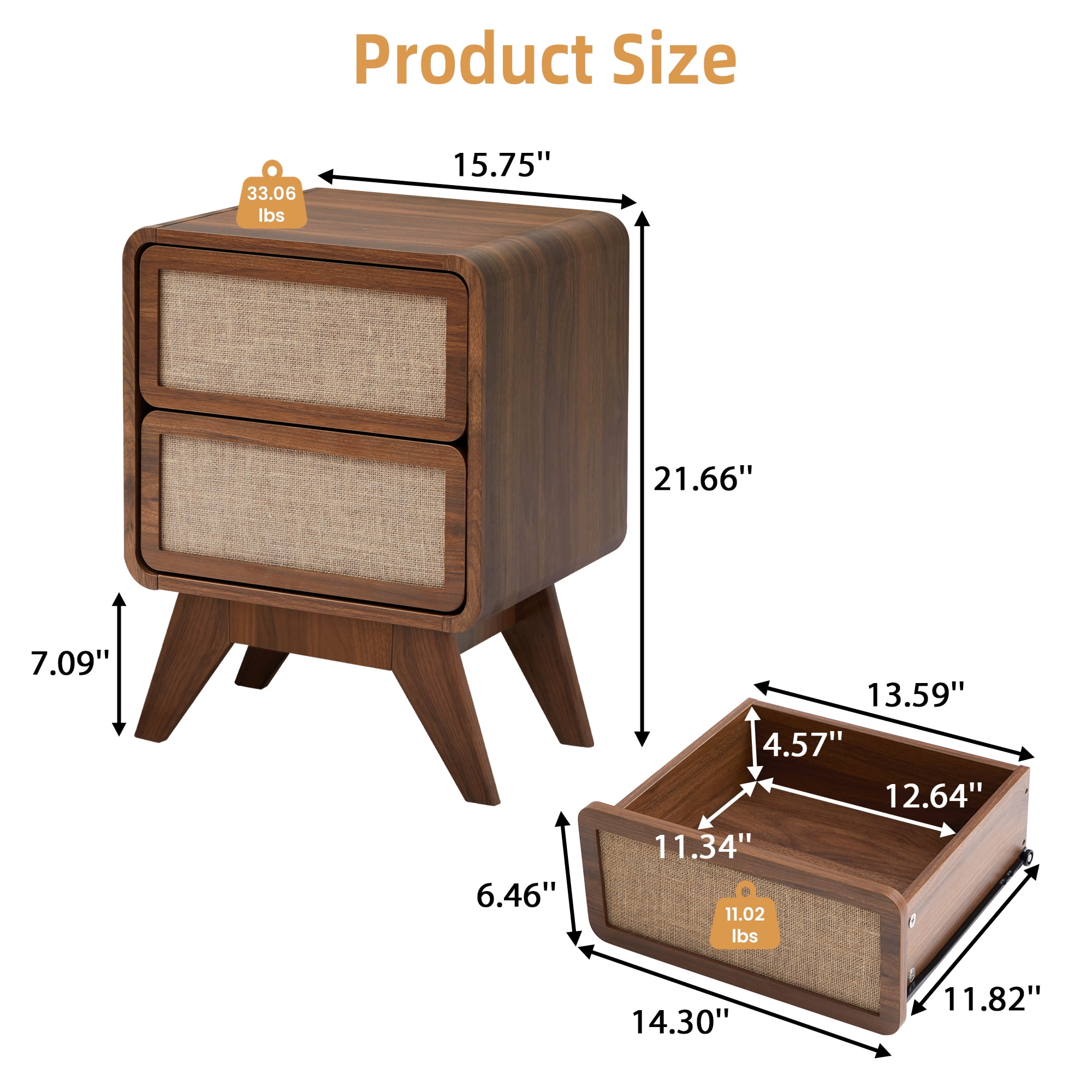 YOCWO Linen Nightstand with 2 Drawer for Bedroom, Mid Century Bedside Table with Curved Edges, Walnut, 15.75"W, 21.66"H