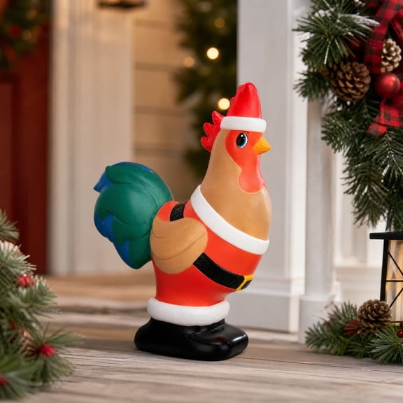 Christmas Santa Rooster Resin Figurine, Whimsical Holiday Chicken Statue with Lovely Xmas Outfit, Delicate Decor for Indoor Covered Porch and Home Tabletop Arrangement