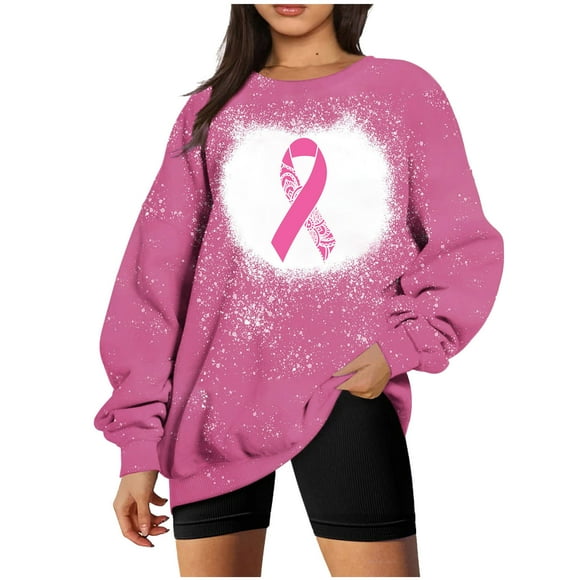 Jsaierl Breast Cancer Shirts Women Pink Ribbon Print Tees Trendy Long Sleeve Tops Cute Tunic Blouses In October We Wear Pink T-shirts