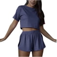 thumbnail image 1 of Yuyuzo Ensembles de Pyjama pour Femmes Deux Pièces Col Ras du Cou Manches Courtes Haut Court P Shorts Taille Haute Vêtements de Détente, 1 of 7