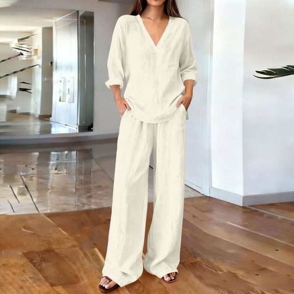 Guieoi Matching Outfits for Women Fashion Solid Color V-Neck Long-Sleeve Pocket Pants Top/Shirt Set White M