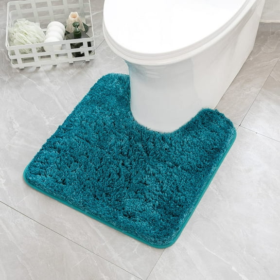 Microfiber Toilet Bath Mat U-Shaped Contour Shaggy Bathroom Rugs Non Slip Extra Thick Soft Bath Rug Absorbent Water Machine Washable for Bathroom Commode, 20x20 Inch, Teal