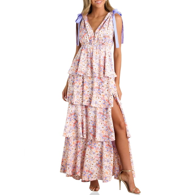 Vestido largo Wenrine para mujer, estampado floral de verano, cuello en V, abertura alta