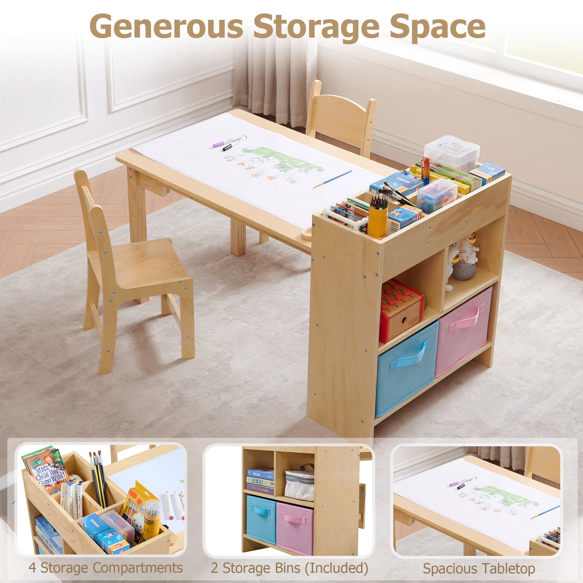 Kids Art Table and 2 Chairs Set, Solid Pine Wood Toddler Activity Craft Desk with Storage for Drawing, Writing, Reading, Ideal for Nursery, Playrooms & Classroom