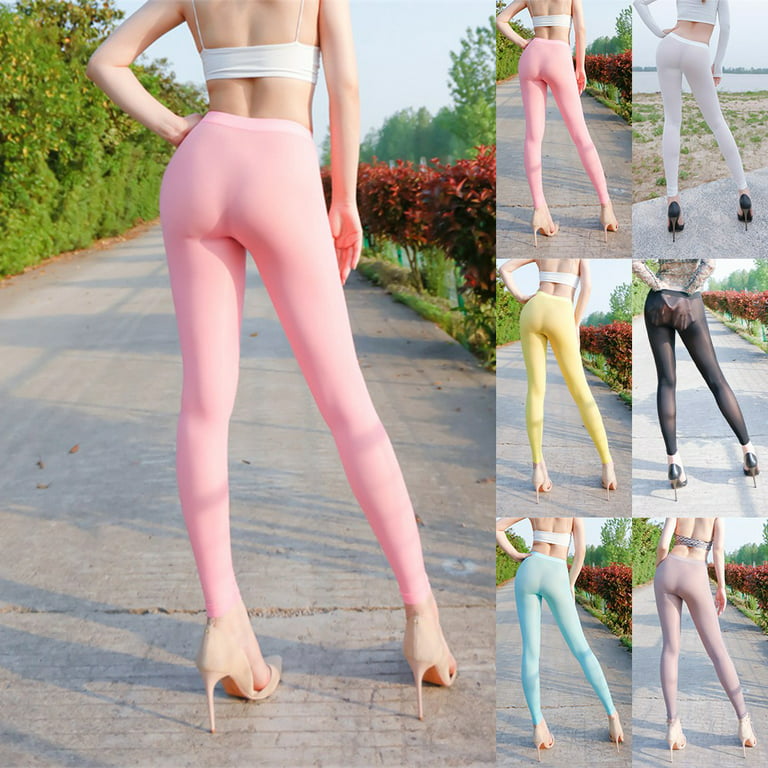 ALSLIAO Womens Silky See Through Leggings High Elastic Sheer Ultra-thin  Skinny Trousers Pink L