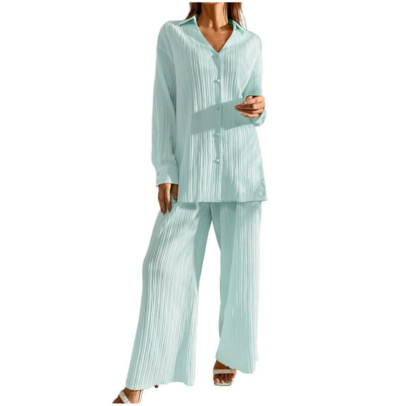 Wensltd Women 2 Piece Outfits Casual Lapel Cardigan and Elastic Waist Wide Leg Pants Lounge Sets