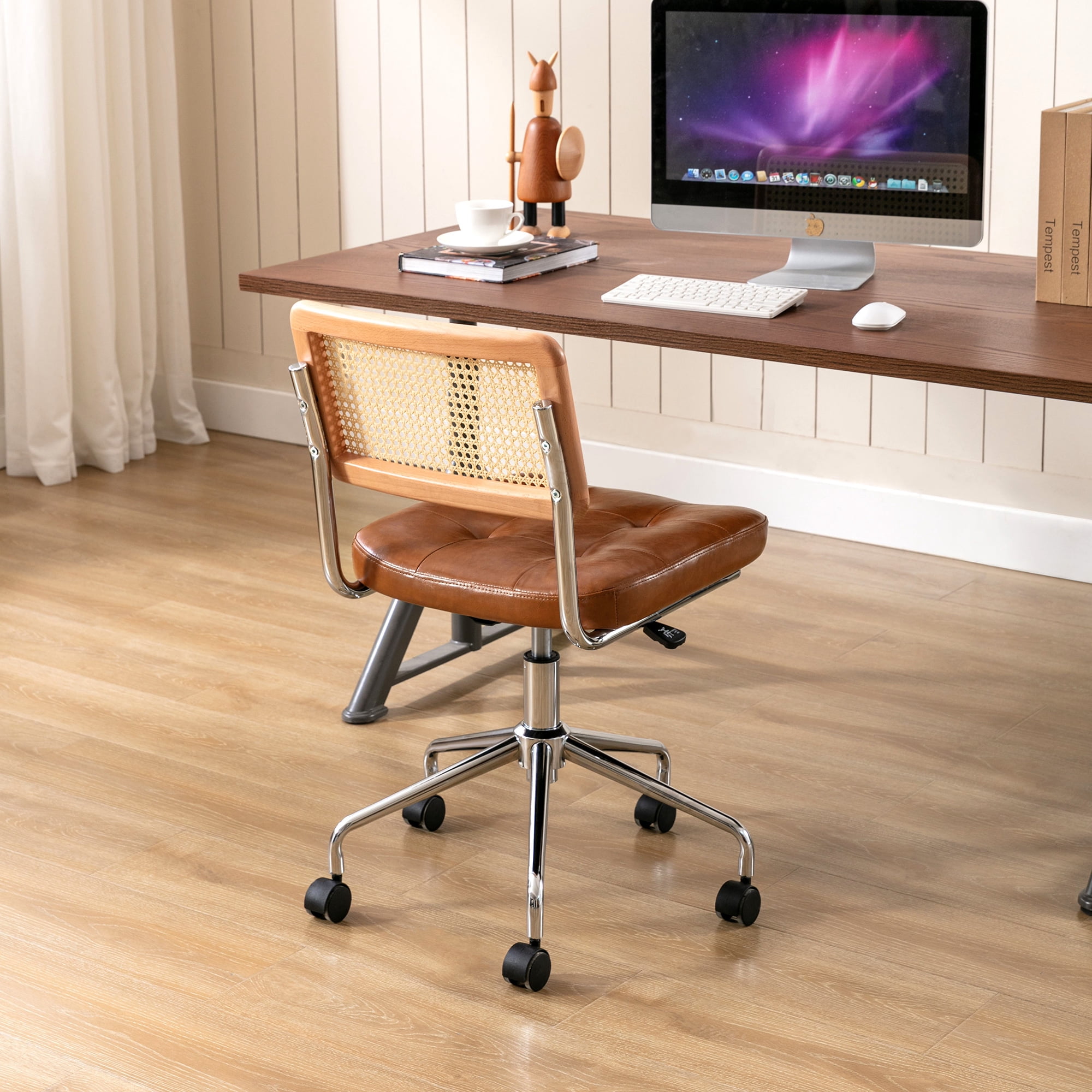 Zesthouse Mid Century Faux Leather Home Office Chair with Rattan Back, 360° Swivel Upholstered Desk Chair on Wheels, Tufted Computer Task Chair for Living Room & Office Room, Brown