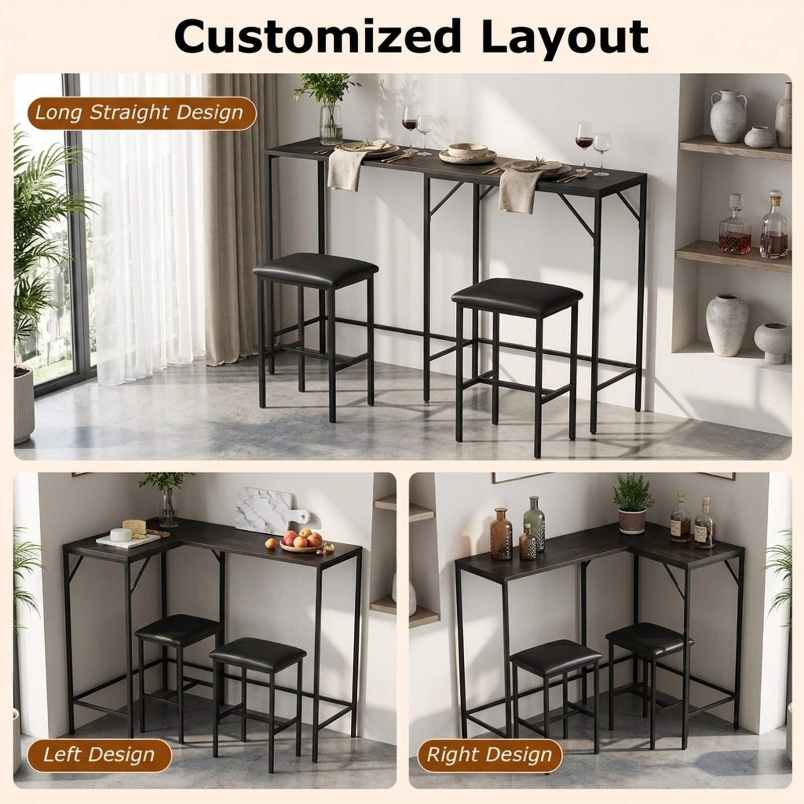 Furnibear 3-Piece Convertible L-Shaped Kitchen Table Chair Set with 2 AC Outlets USB Port and Type-C Port for Kitchen Dining Room Breakfast, Black