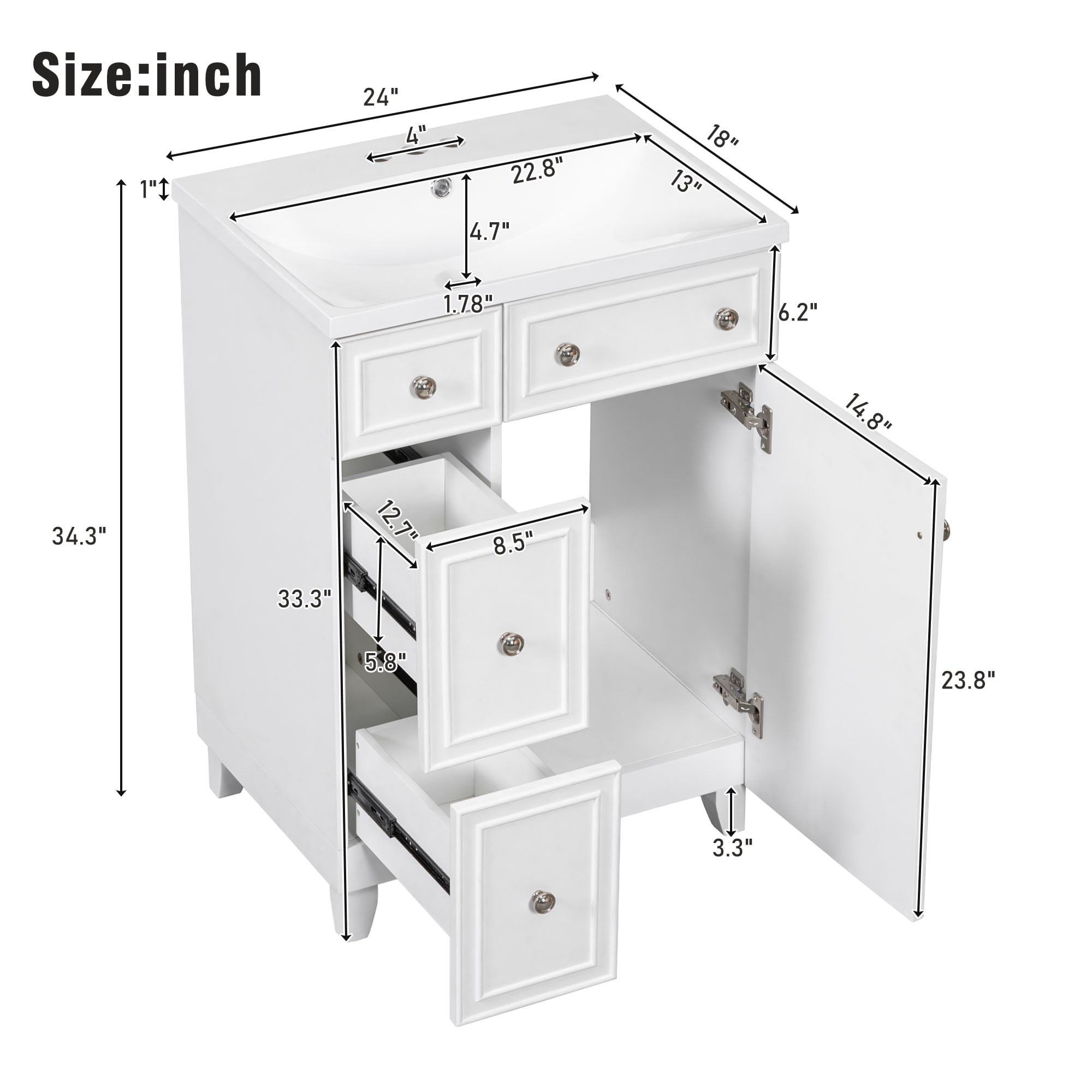 Harper & Bright Designs 24" Bathroom Vanity Sink Combo for Small Space, White Bathroom Vanity Cabinet with 2 Storage Drawers and Door