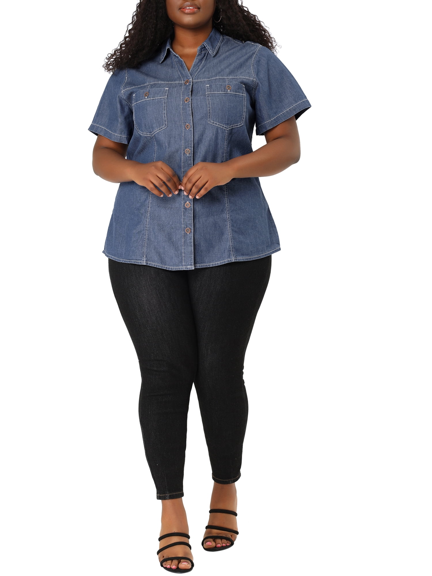 DARING DIVA Women's Plus Blouse Chest Pocket Button Down Demin Shirt 2X Blue