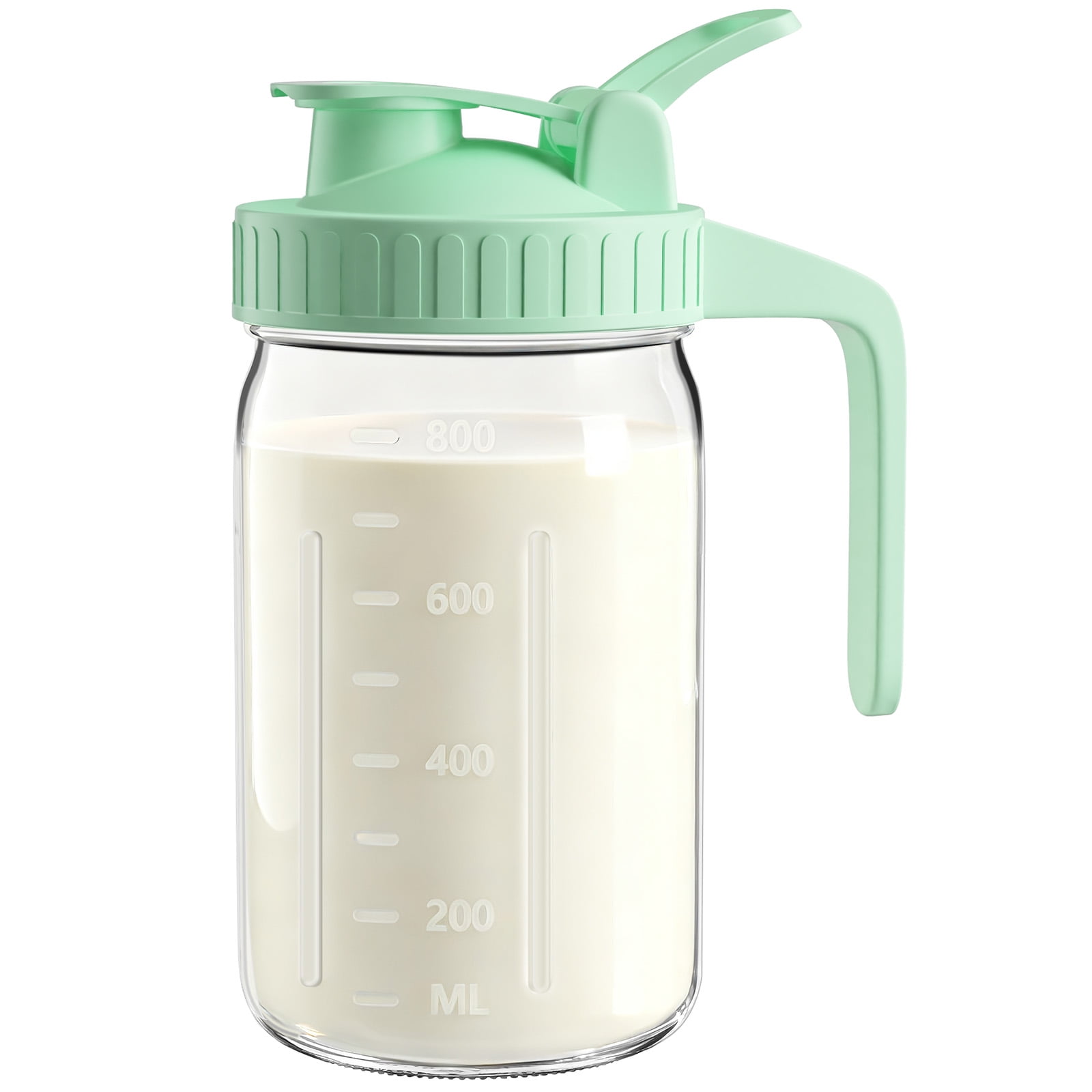 GOSCHE Breast Milk Pitcher Wide Mouth Glass Mason Jar Pitcher with Green Flip Cap Lid and Pour Spout Airtight Seal for Freshness and Safe Milk 32oz