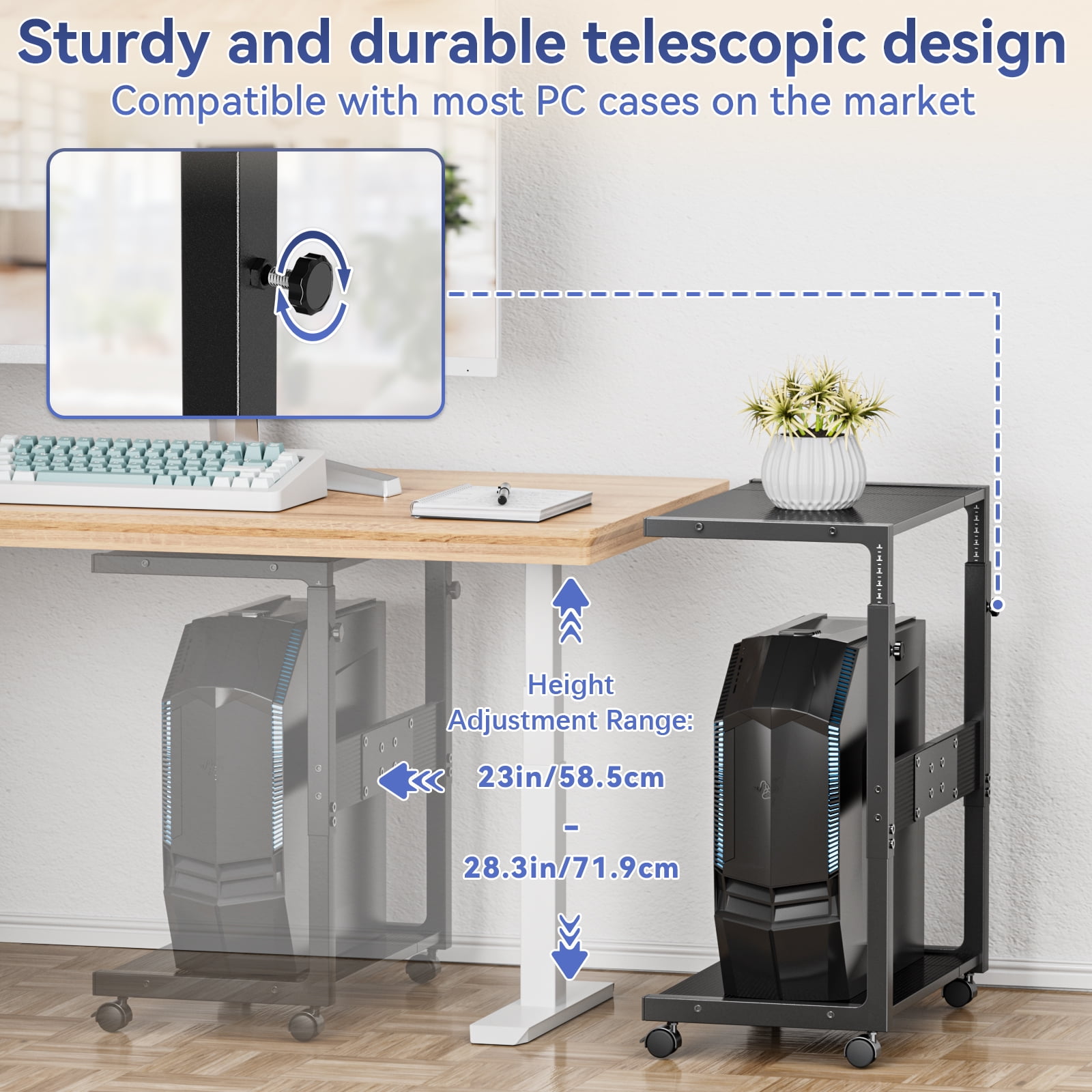 Adjustable Rolling Computer Tower Stand CPU Holder Cart for Gaming Office Home Height 23" to 28.3"