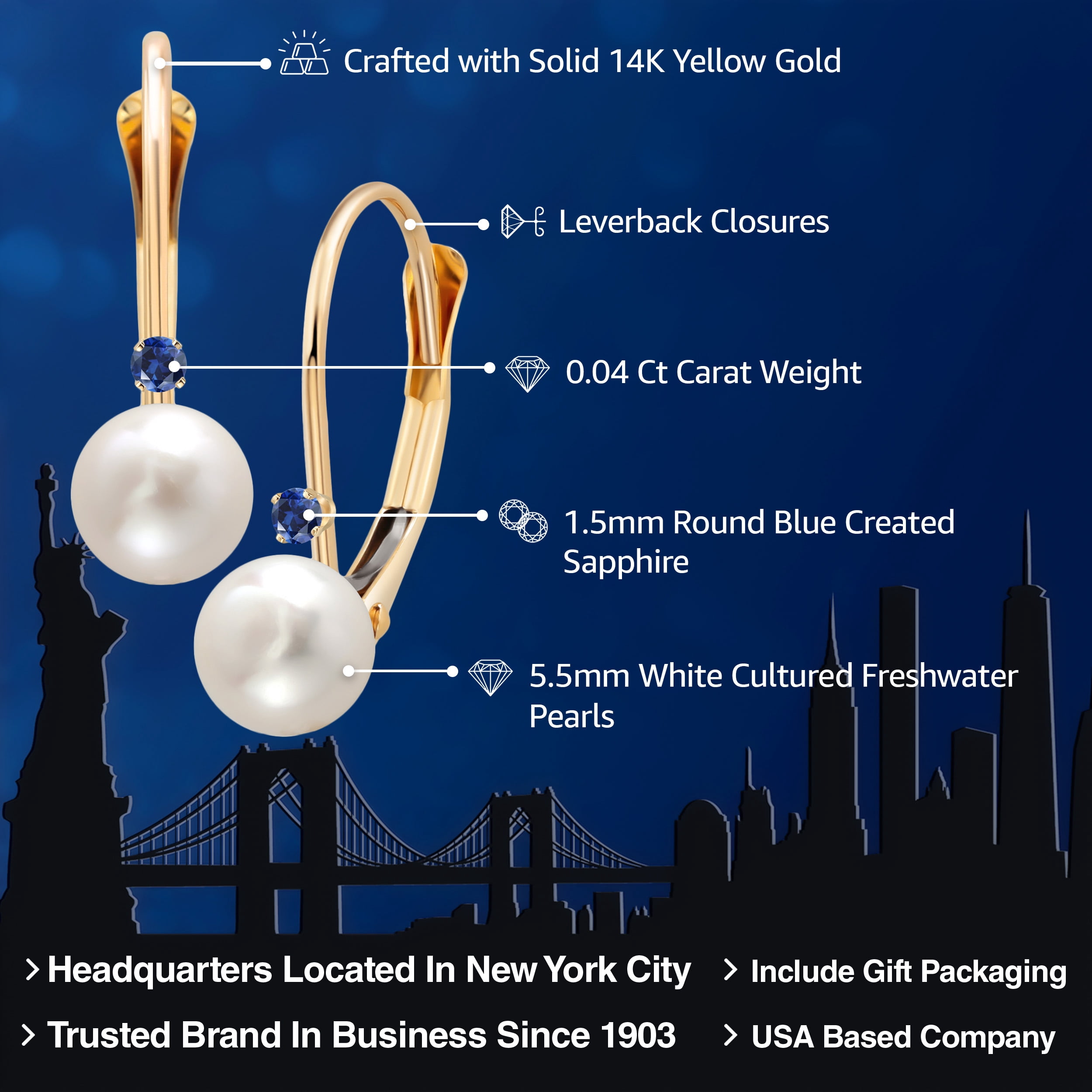 Gem Stone King 14K Yellow Gold Round White Cultured Freshwater Pearl and Round Blue Created Sapphire Leverback Drop Dangle Earrings for Women (Pearl: 5.5MM, Sapphire: 1.5MM)