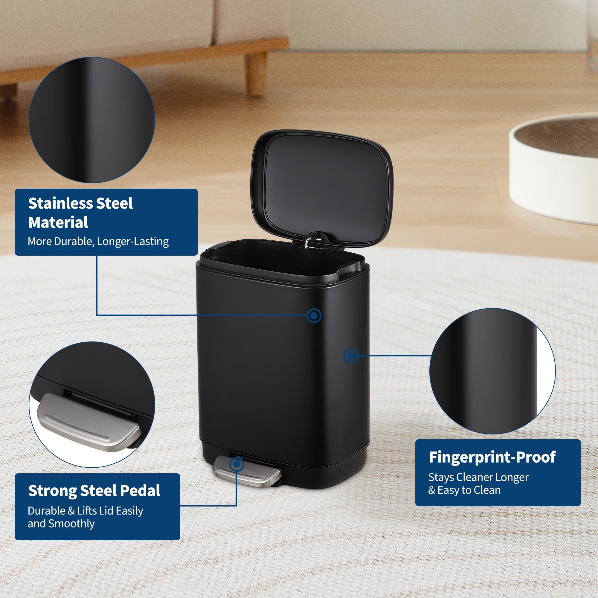 Stainless Steel Trash Can, 3.2 Gallon Lid, Soft Closing Pedal, Fingerprint Resistant, Durable, Suitable for Kitchen Bathroom Trash Can