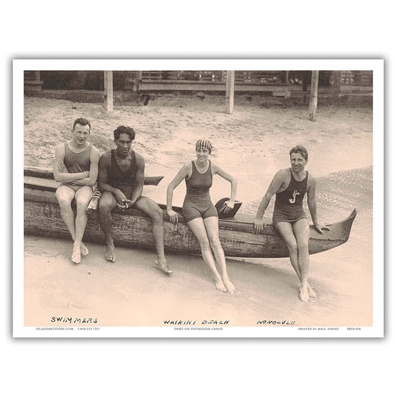 Duke Kahanamoku and Friends - Swimmers at Waikiki Beach Hawai’i - Vintage B&W Historical Photograph c.1910s - Master Art Print (Unframed) 9in x 12in
