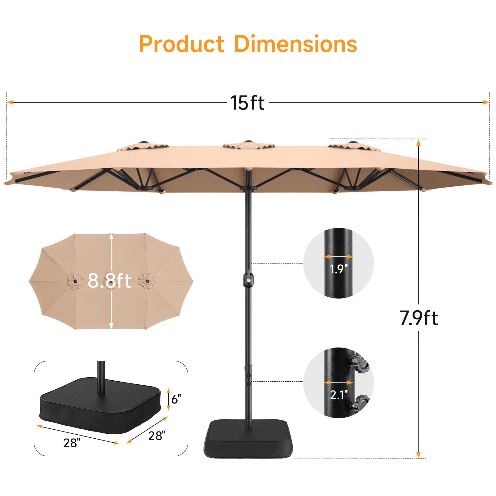 Dovov 15ft Outdoor Patio Umbrella with Base Included, Double Sided Extra Large Outdoor Market Umbrella Rectangular Table Umbrellas with Crank Handle for Outside Pool Lawn Garden, Beige