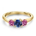 thumbnail image 3 of Gem Stone King 10K Yellow Gold Blue Created Sapphire and Pink Moissanite Engagement Ring for Women | 1.06 Cttw | Round 5MM | Gemstone September Birthstone | Size 6, 3 of 6