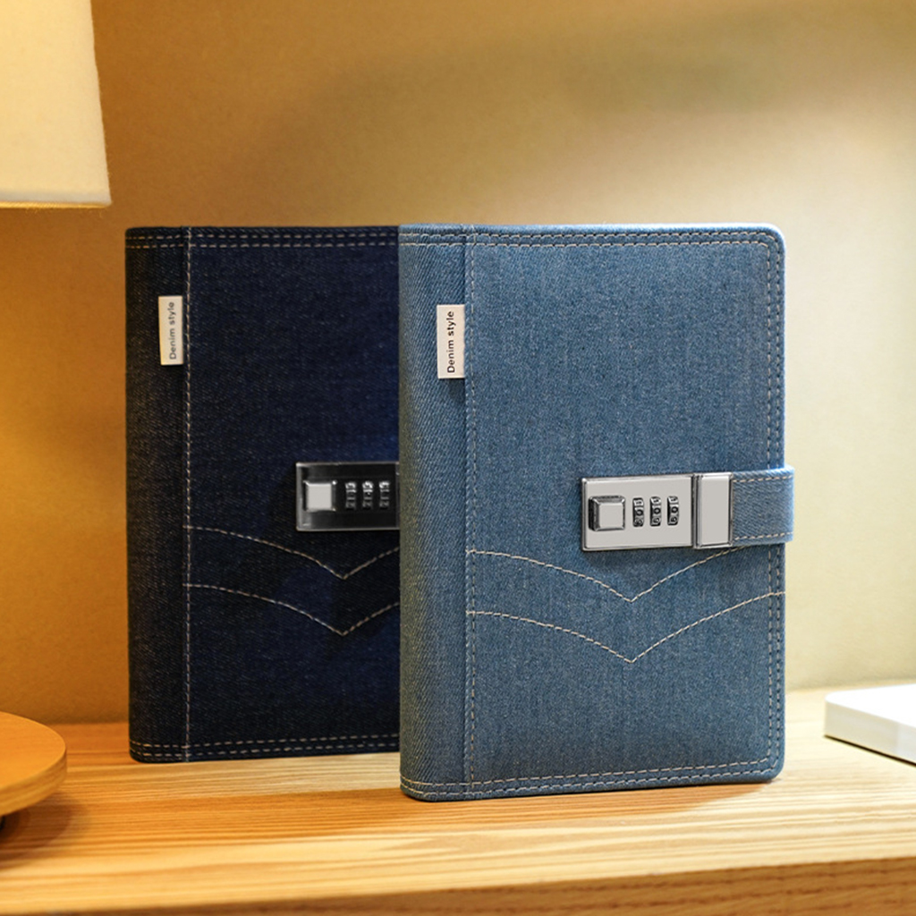 Jesscasday B6 Classic Denim Cover Business Notepad with Combination Lock Ribbon Bookmark