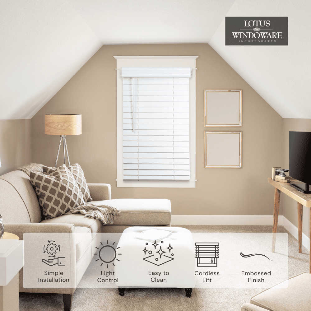 Lotus & Windoware Cordless 2" Faux Wood Room Darkening Horizontal Blind, 34.5" W x 60" L, Bright White, Embossed